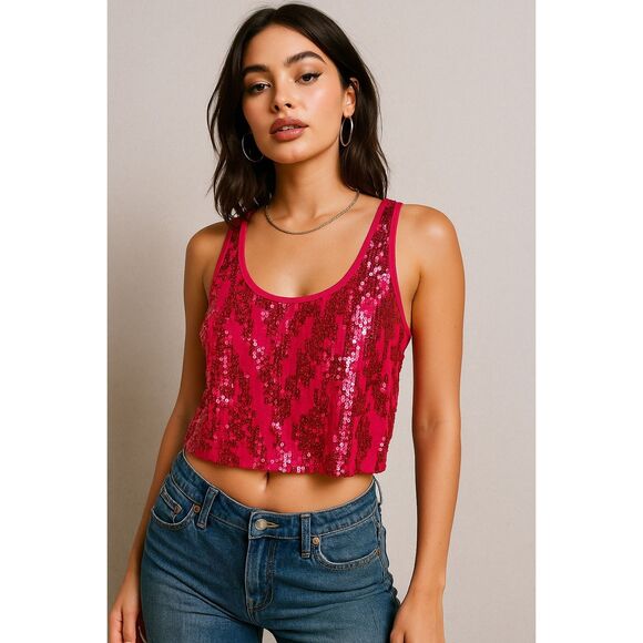 Barbiecore Pink Sequin Crop Top Y2K Party Vibes NWT - Picture 2 of 16